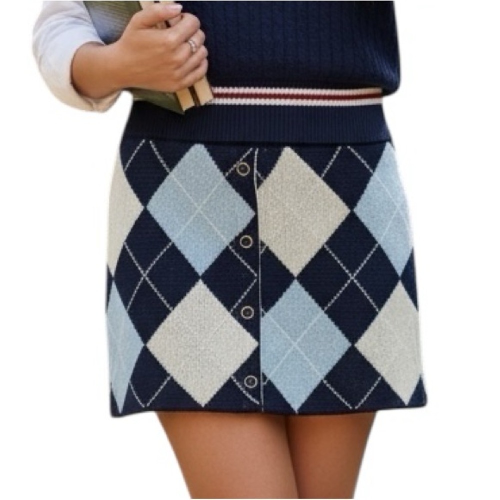 NWT Le Lis Medium Navy Blue Argyle Plaid Cotton Preppy Mini Skirt